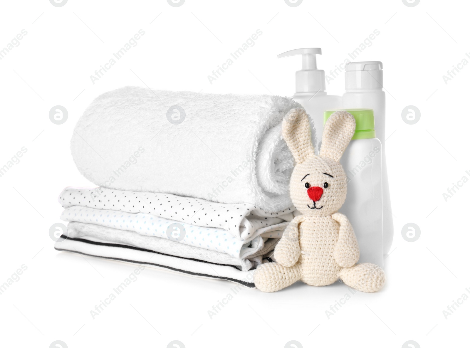 Photo of Set of baby accessories on white background