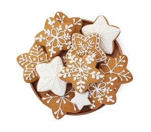 Photo of Tasty star shaped Christmas cookies with icing isolated on white, top view