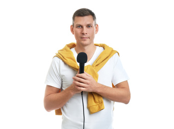Photo of Male journalist with microphone on white background
