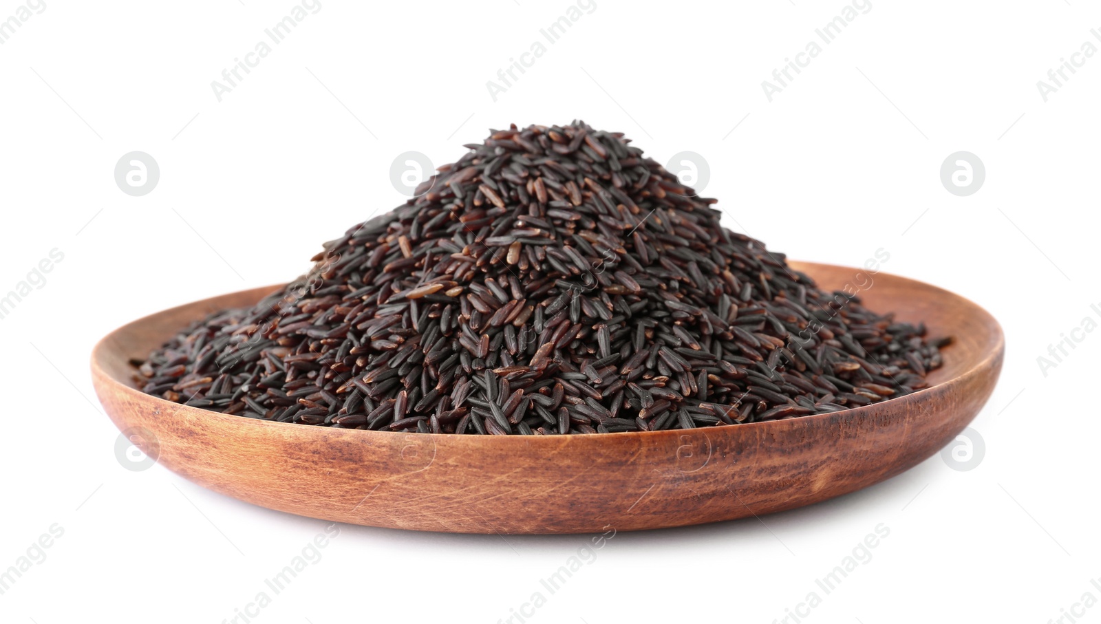 Photo of Plate with uncooked black rice on white background