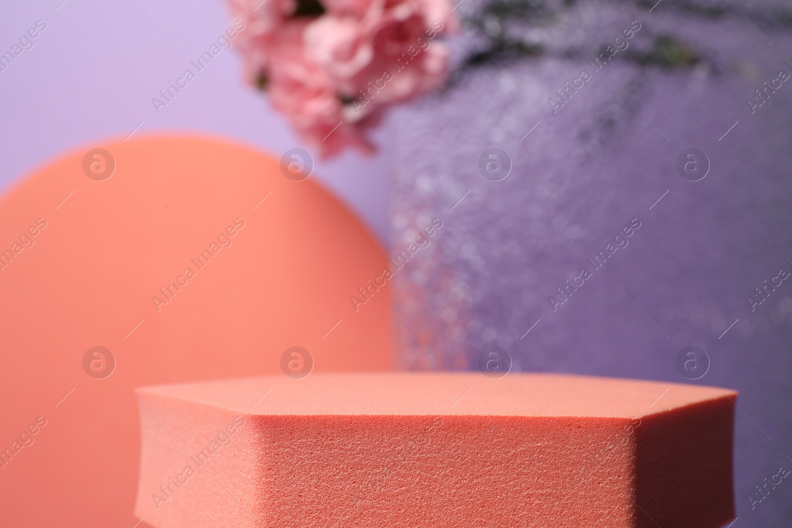 Photo of Geometric figures and pink carnation flowers on light violet background, closeup. Stylish presentation for product