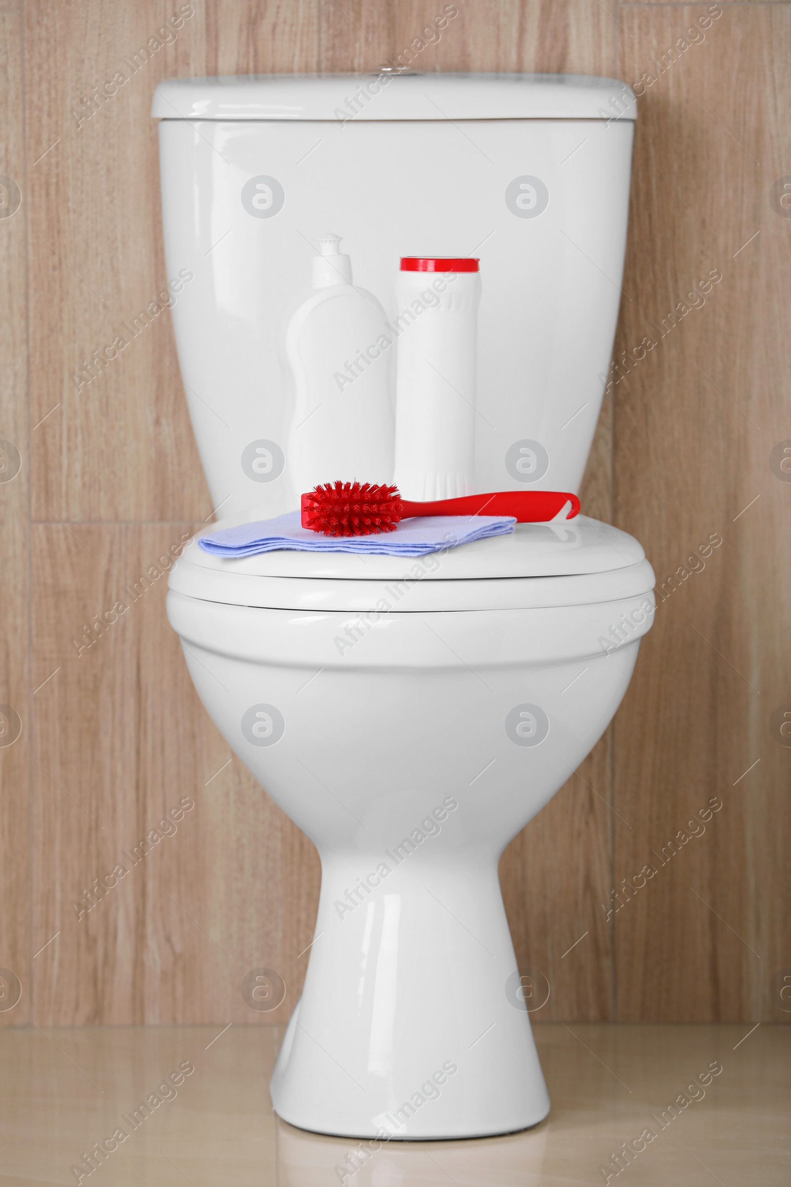 Photo of Bottles, brush and rag on toilet bowl indoors. Cleaning supplies