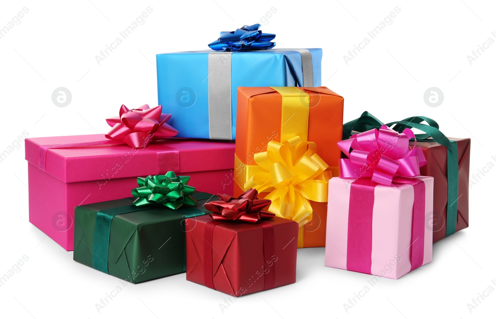 Photo of Colorful gift boxes with bows on white background