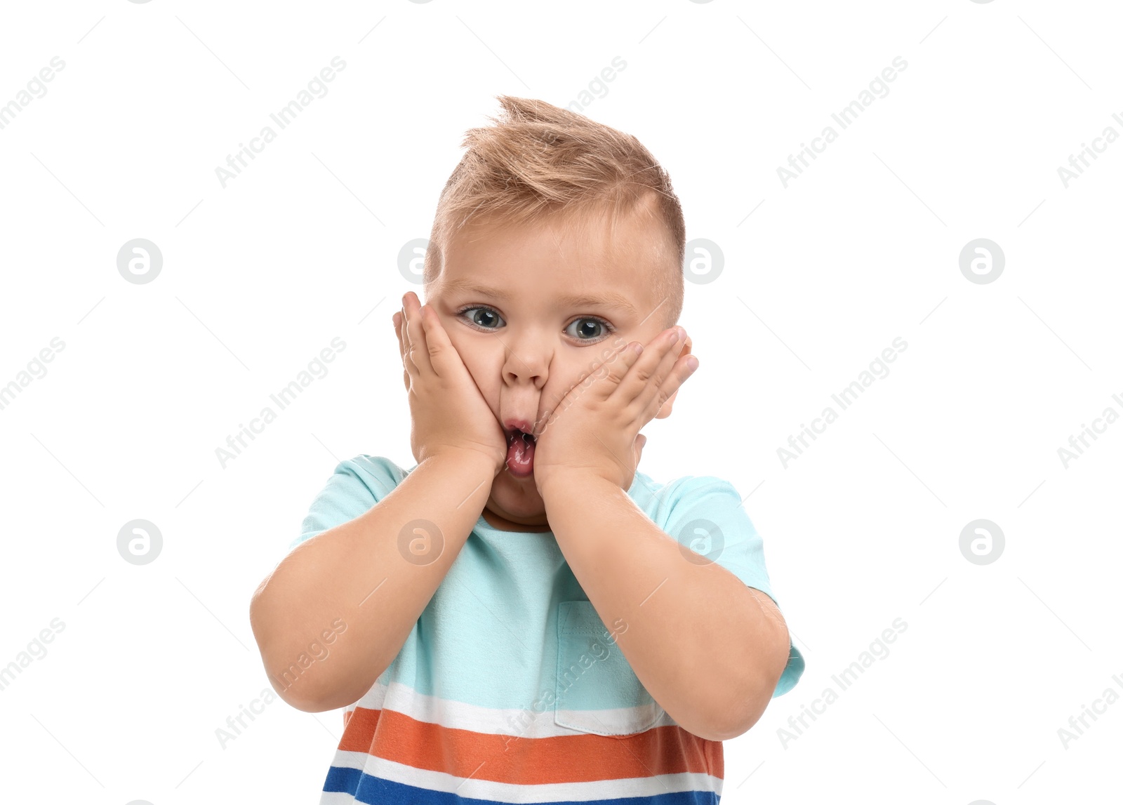 Photo of Cute little boy posing on white background