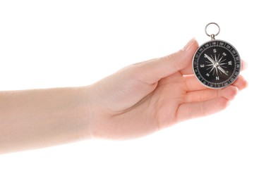 Photo of Woman holding compass on white background, closeup. Tourist equipment