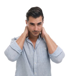 Portrait of handsome young man on white background