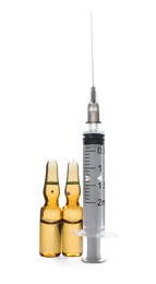 Syringe and ampules with medicine on white background