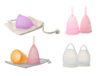 Image of Set with different menstrual cups on white background