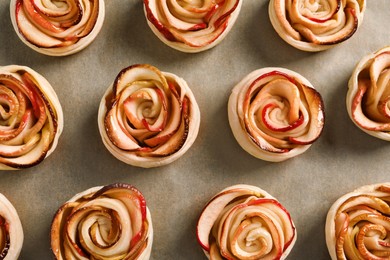 Photo of Freshly baked apple roses on parchment paper, flat lay. Beautiful dessert