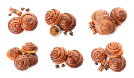 Set with freshly baked cinnamon rolls on white background, top view