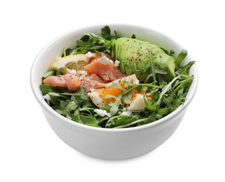 Delicious salad with boiled egg, salmon and avocado in bowl isolated on white