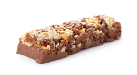 Tasty protein bar on white background. Healthy snack