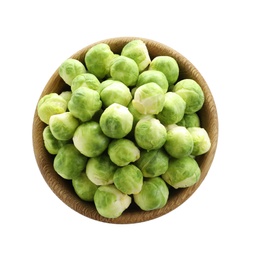 Photo of Bowl of fresh Brussels sprouts isolated on white, top view