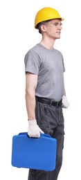 Photo of Professional repairman with tool box on white background