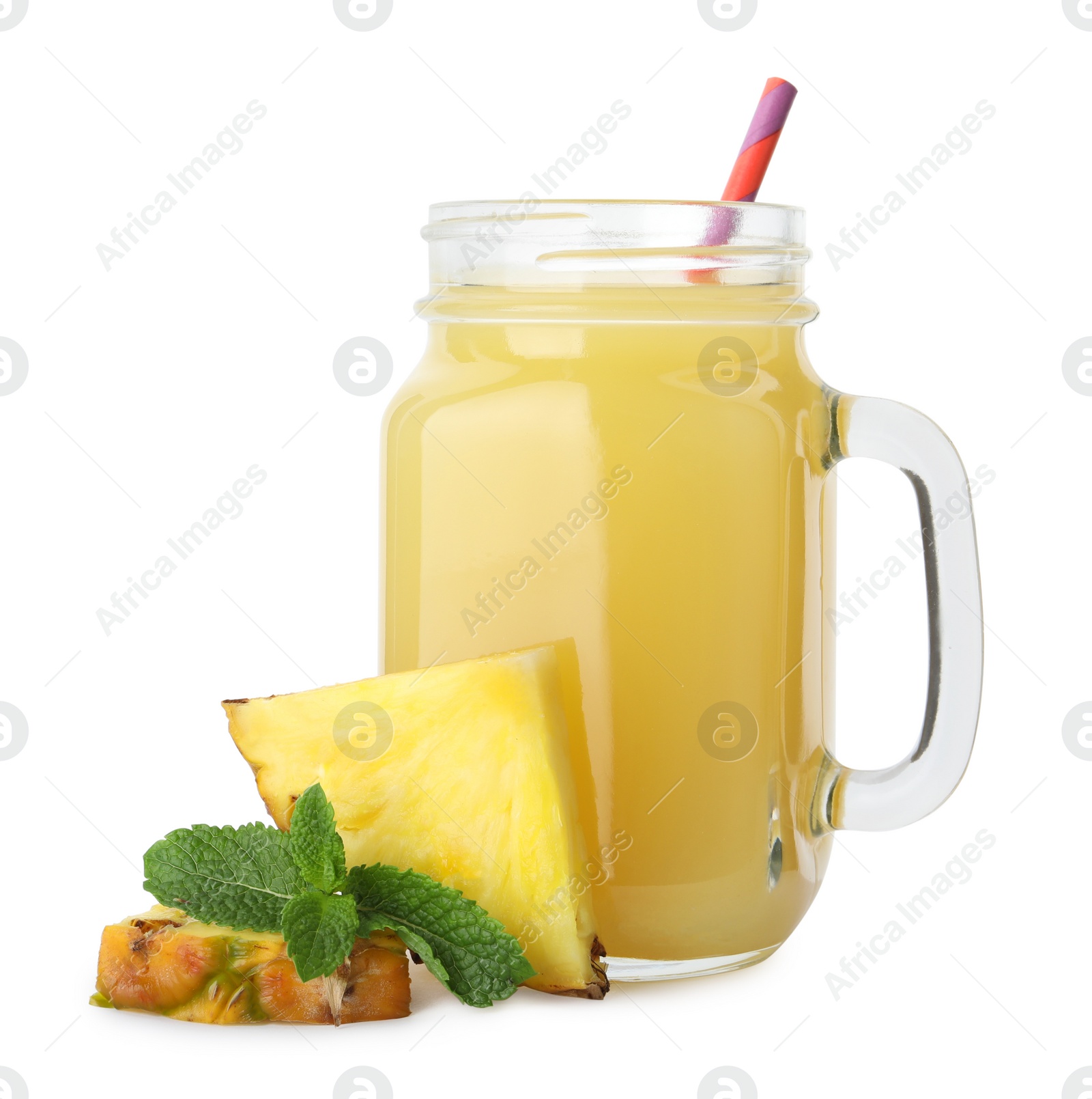 Photo of Delicious pineapple juice with fresh fruit and mint isolated on white