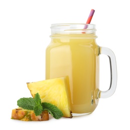 Photo of Delicious pineapple juice with fresh fruit and mint isolated on white