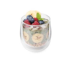 Photo of Tasty oatmeal with chia matcha pudding, banana and berries on white background. Healthy breakfast