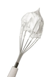 Photo of Whisk with whipped egg whites isolated on white