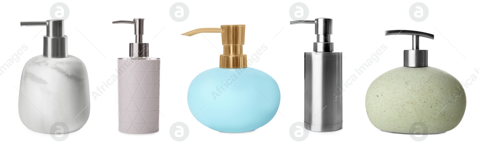 Image of Set with stylish dispensers of liquid soap on white background. Banner design