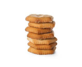 Photo of Stack of delicious crispy crackers isolated on white
