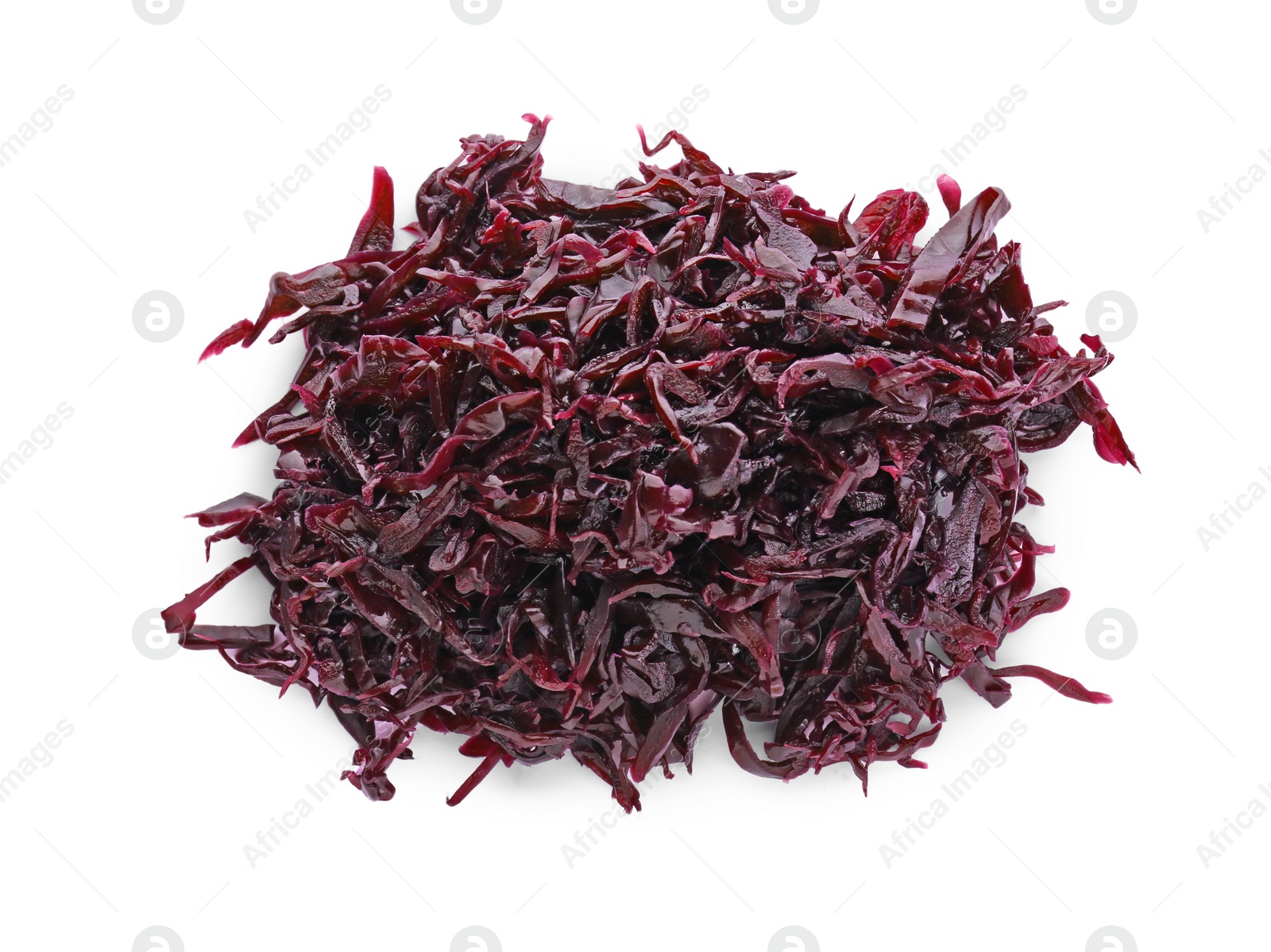 Photo of Tasty red cabbage sauerkraut isolated on white, top view