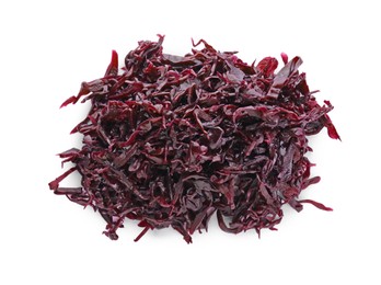 Photo of Tasty red cabbage sauerkraut isolated on white, top view