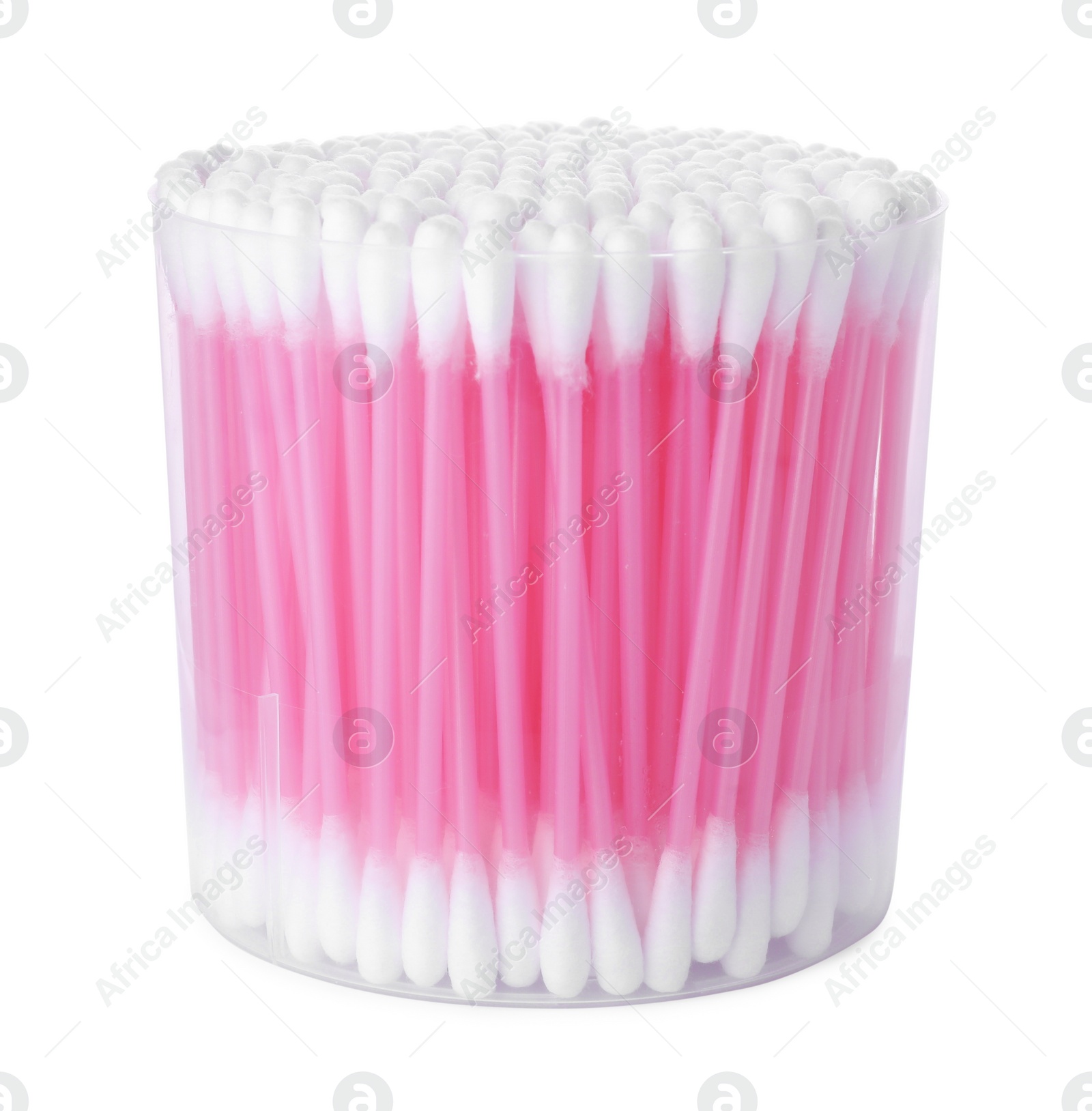 Photo of Cotton buds in plastic container isolated on white