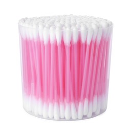 Photo of Cotton buds in plastic container isolated on white