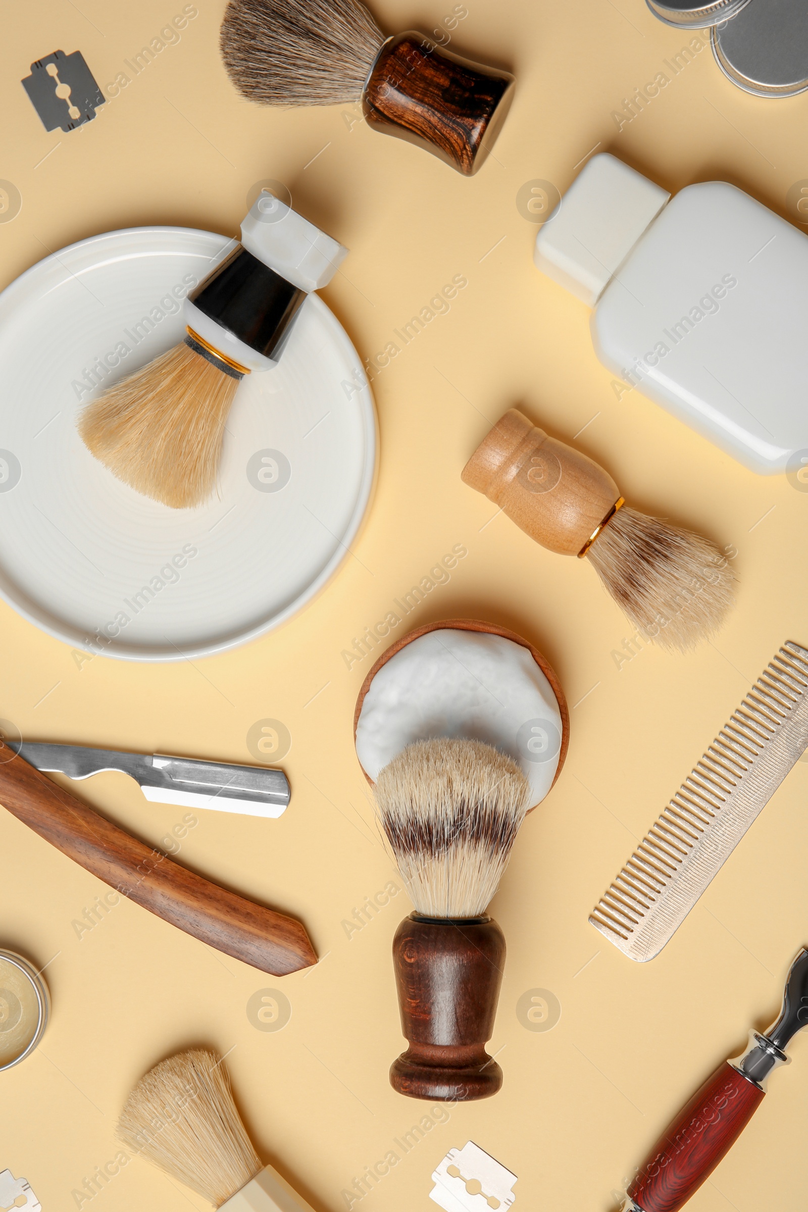 Photo of Flat lay composition with shaving accessories for men on color background