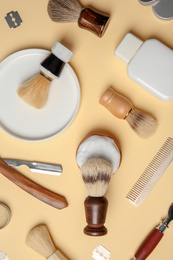 Photo of Flat lay composition with shaving accessories for men on color background