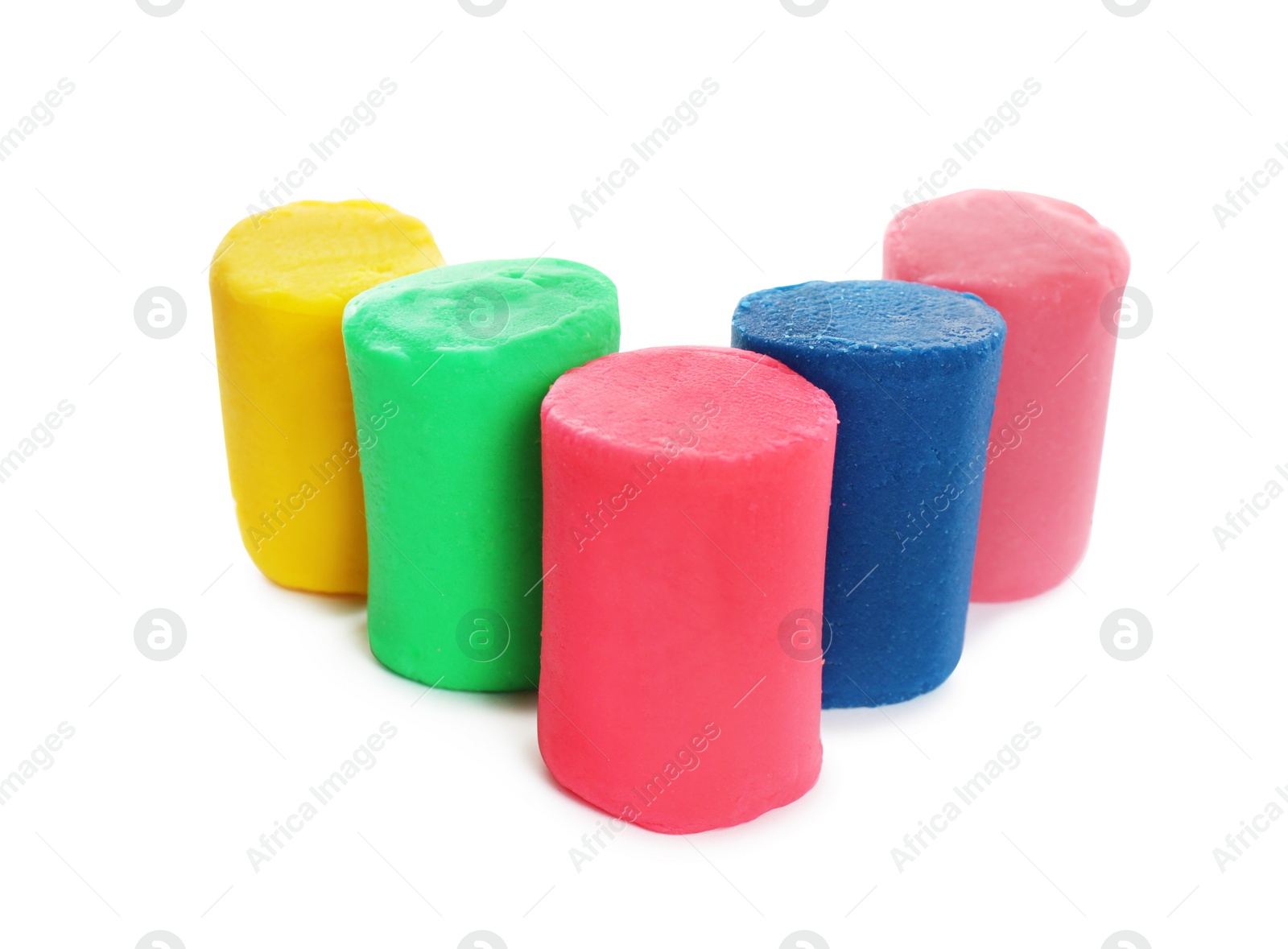 Photo of Different colorful play dough on white background