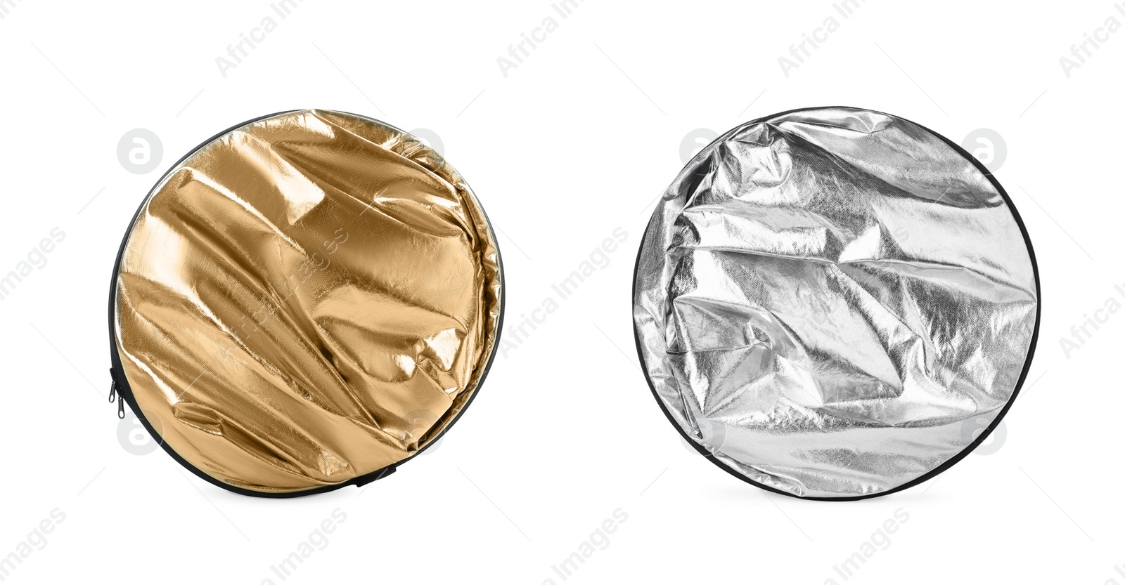 Image of Different reflectors on white background, banner design. Professional photographer's equipment
