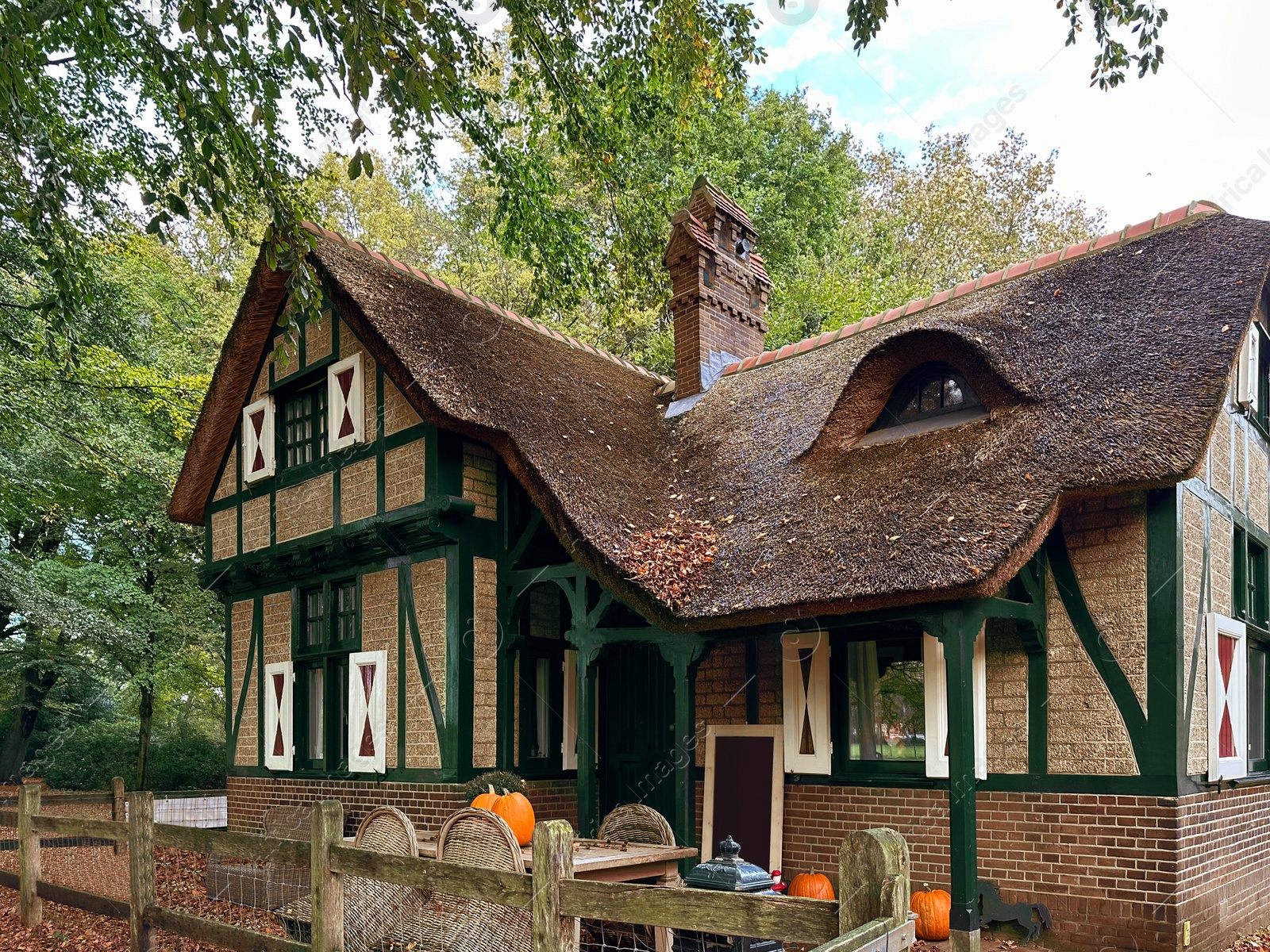 Photo of Beautiful grey house among trees in autumn park