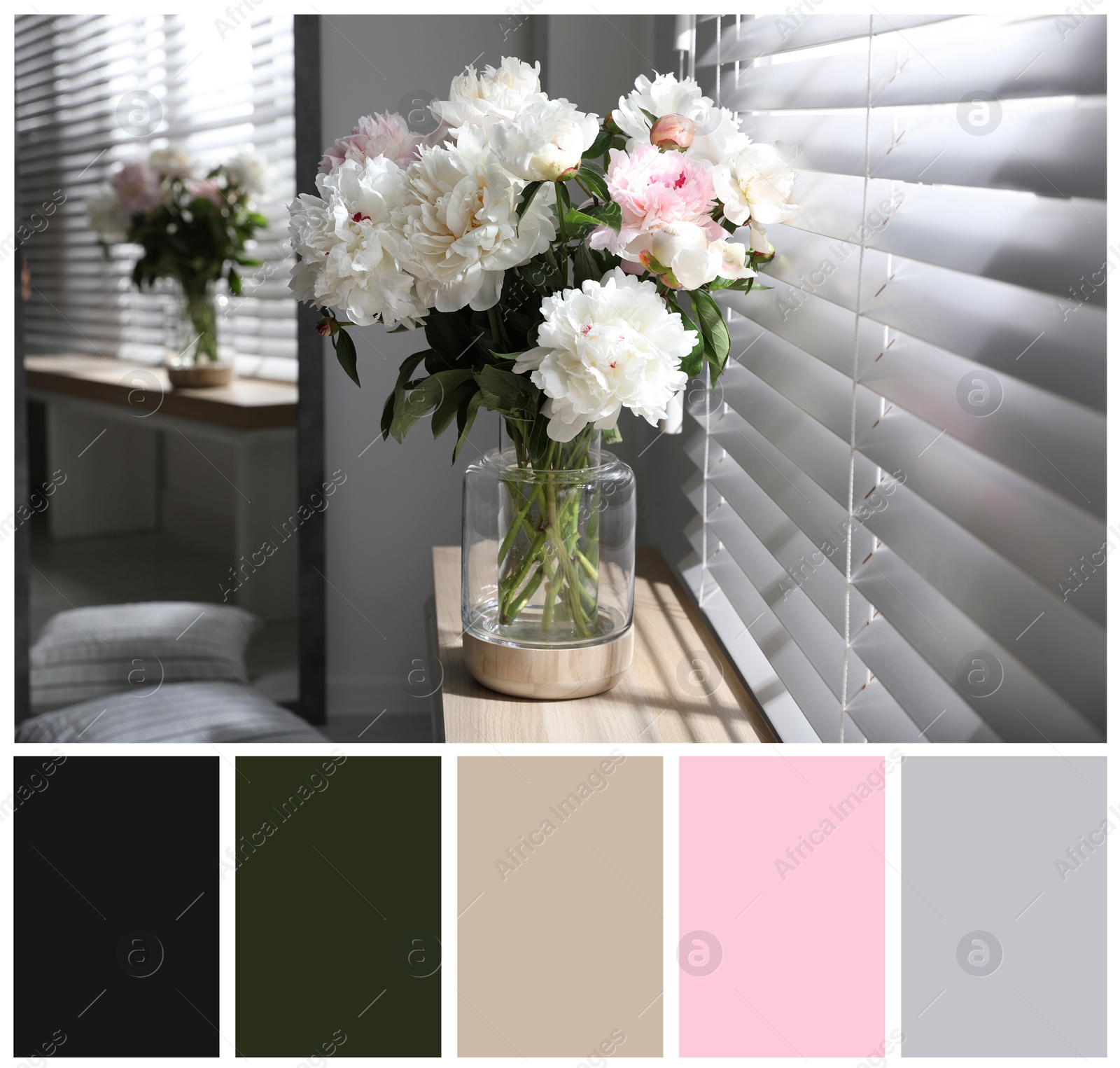 Image of Bouquet of beautiful peony flowers on windowsill indoors and color palette. Collage