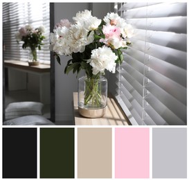 Image of Bouquet of beautiful peony flowers on windowsill indoors and color palette. Collage