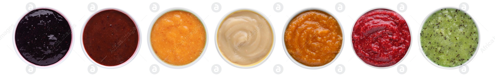 Image of Set with different tasty fruit puree on white background, top view. Banner design