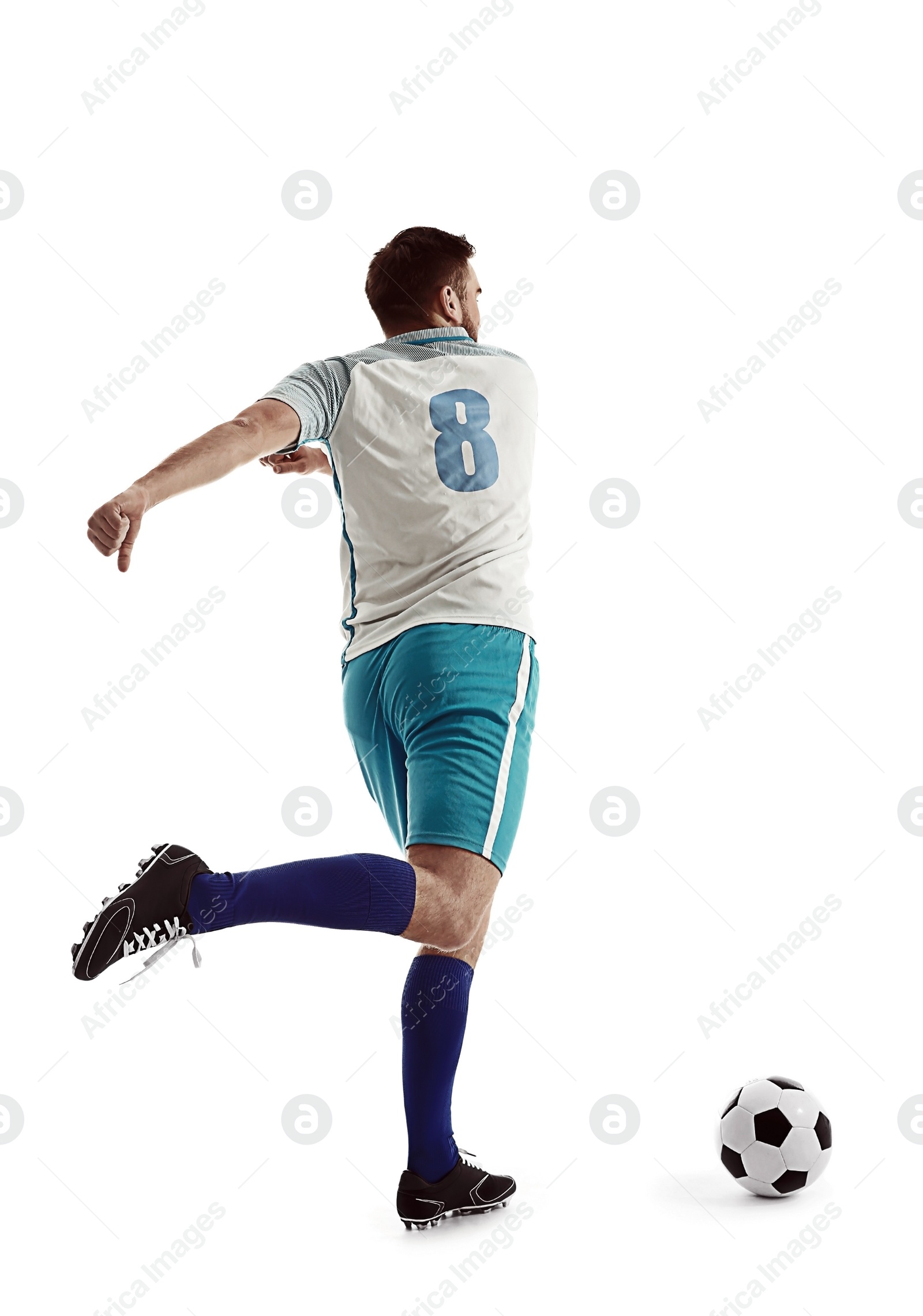 Image of Young man playing football on white background