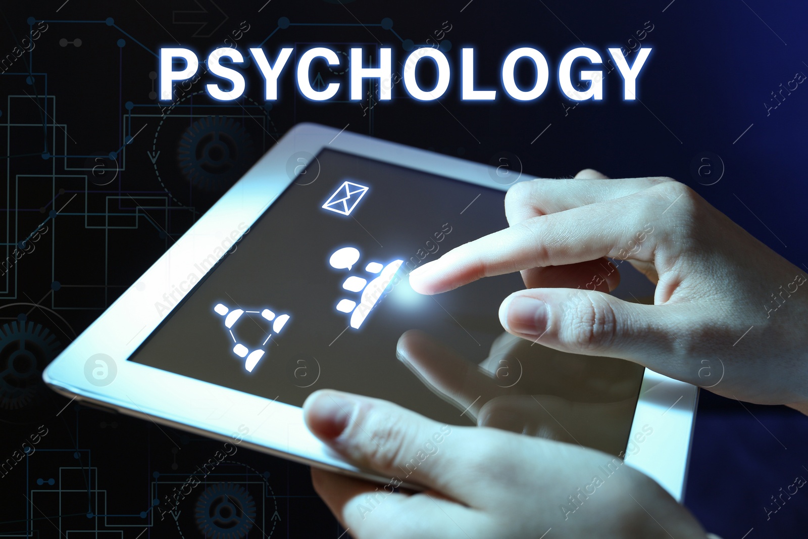 Image of Psychologist working with modern tablet on color background, closeup 