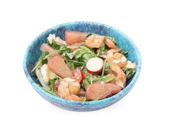 Photo of Delicious pomelo salad with shrimps and cheese in bowl on white background