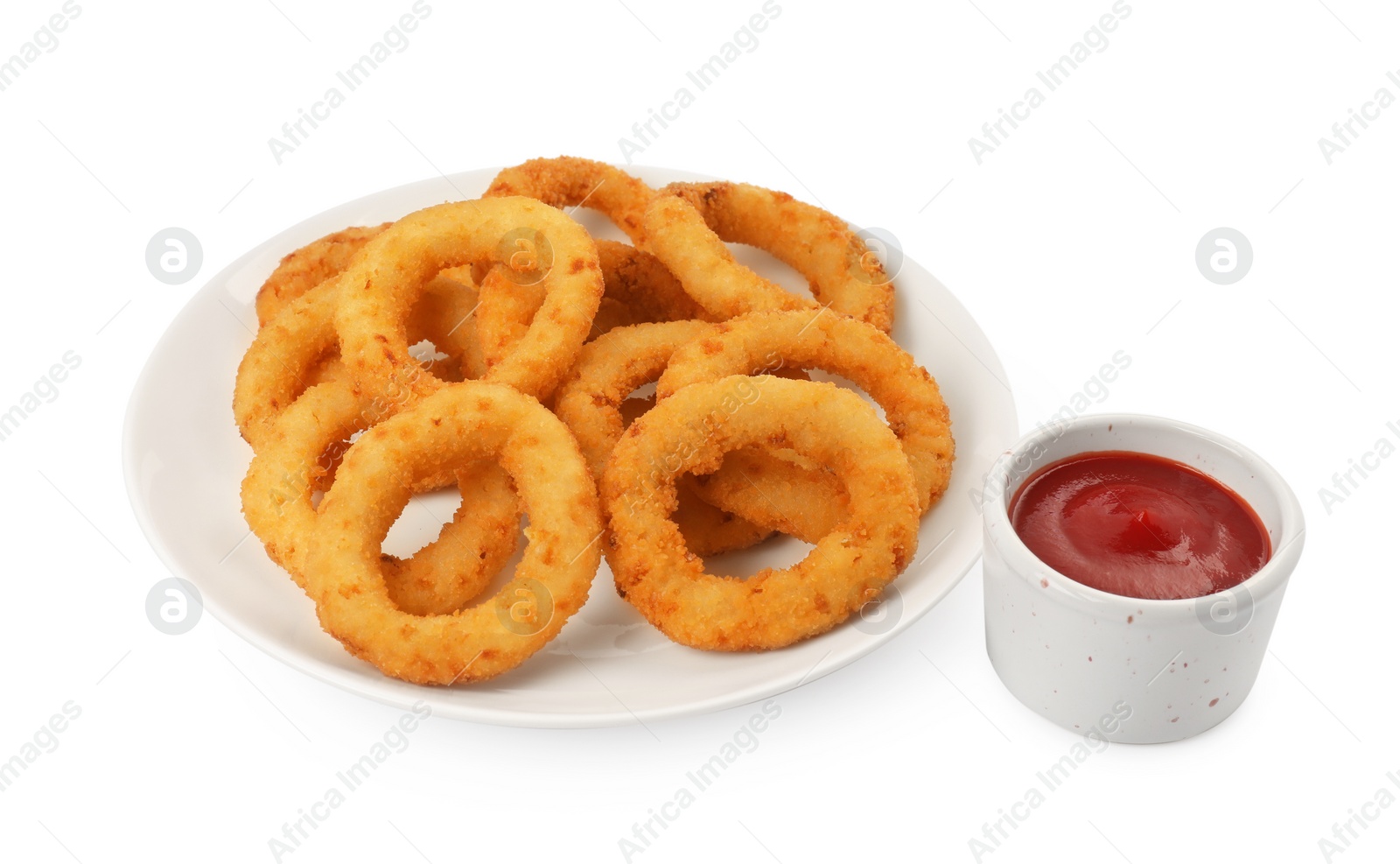 Photo of Tasty fried onion rings with ketchup on white background