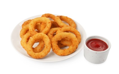 Photo of Tasty fried onion rings with ketchup on white background