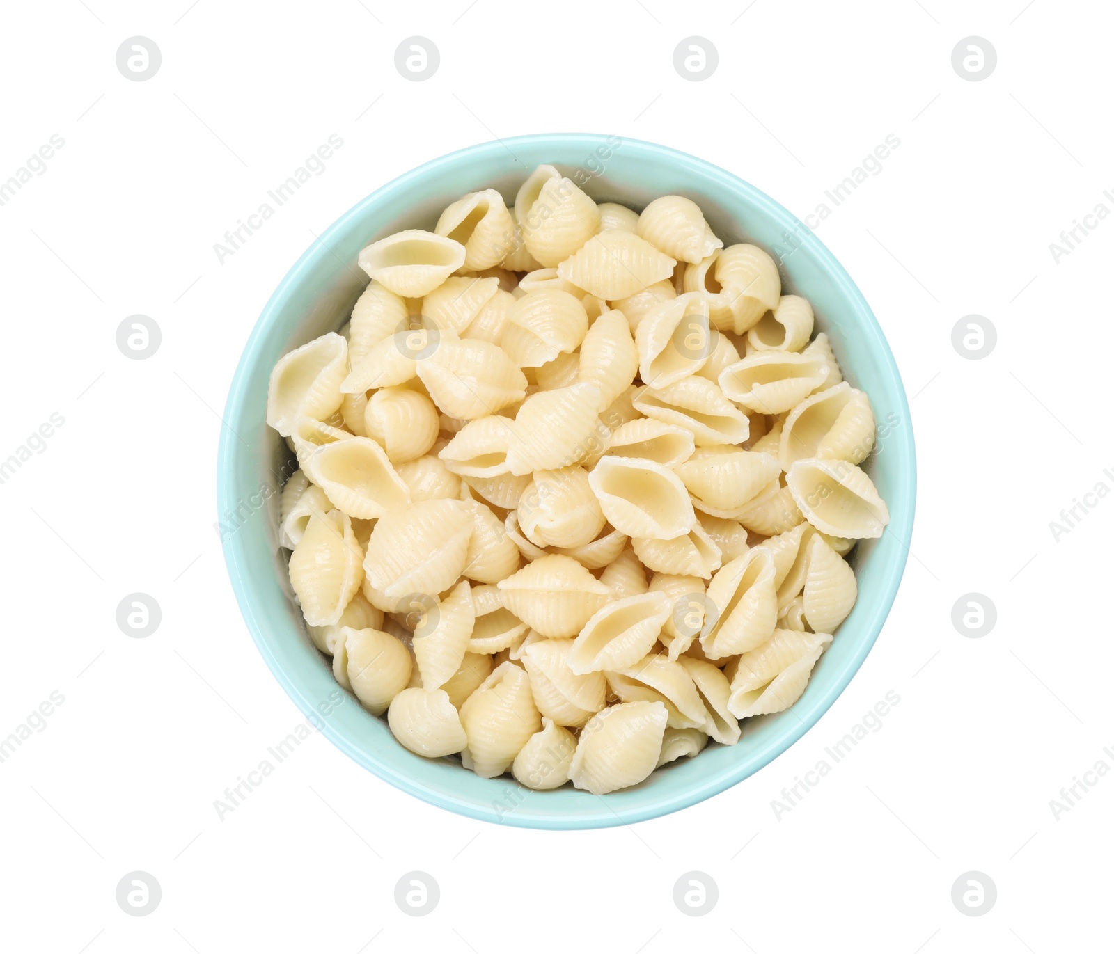 Photo of Bowl with tasty pasta on white background, top view