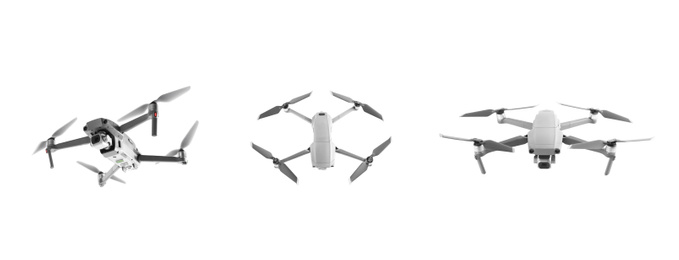 Image of Modern drone on white background, views from different sides. Banner design