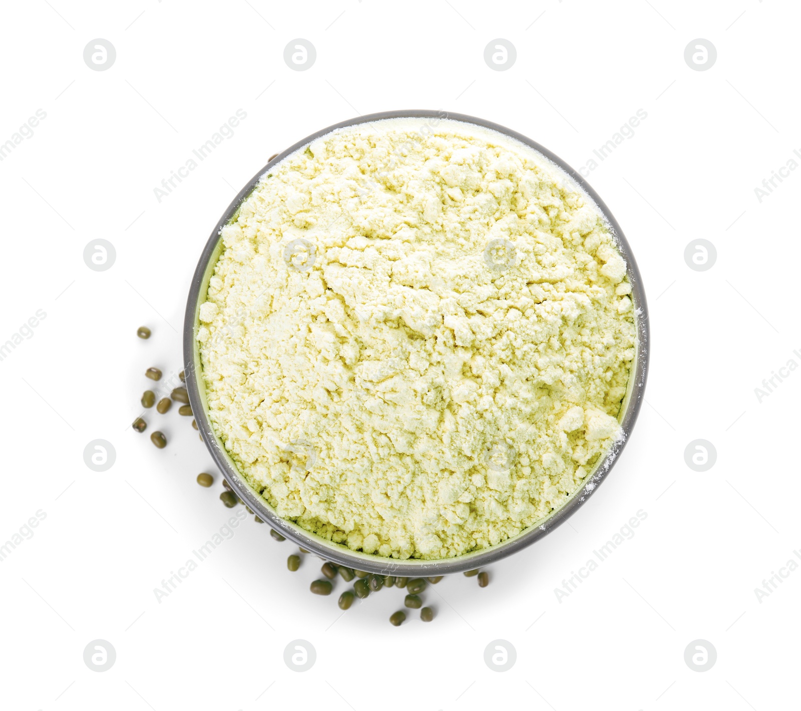 Photo of Bowl of flour and mung beans on white background, top view