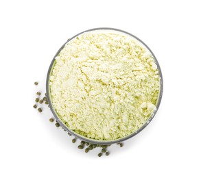 Photo of Bowl of flour and mung beans on white background, top view