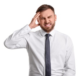 Portrait of emotional businessman on white background. Personality concept