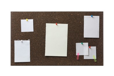 Photo of Empty notes pinned to cork board on white background
