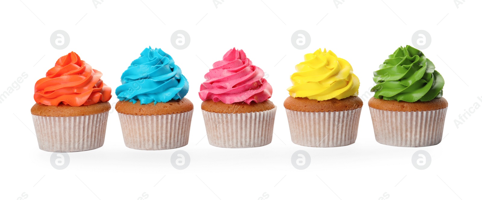 Photo of Different delicious colorful cupcakes on white background