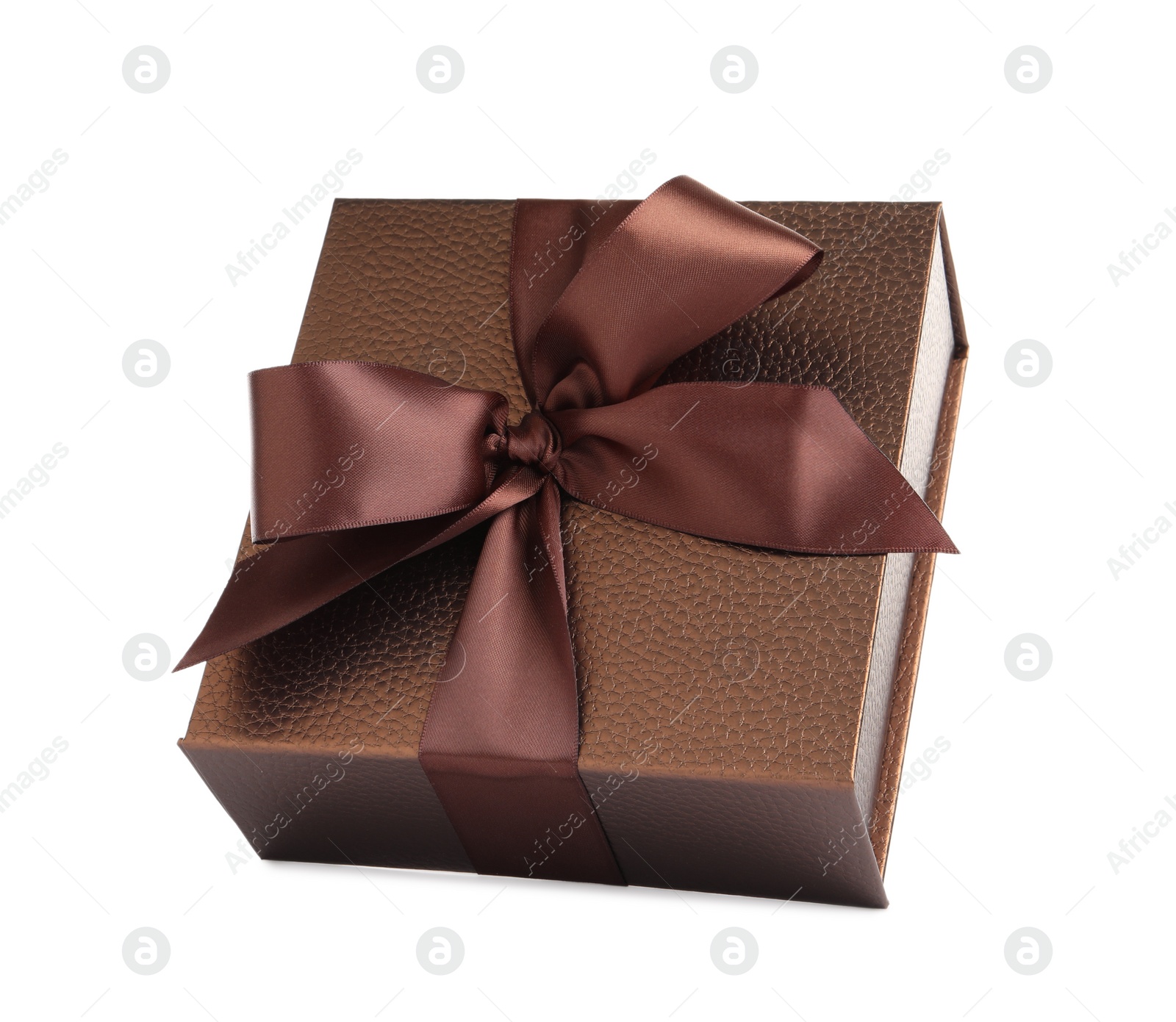 Photo of Beautiful brown gift box with ribbon and bow on white background
