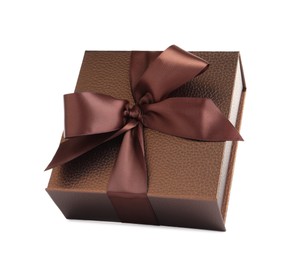 Beautiful brown gift box with ribbon and bow on white background